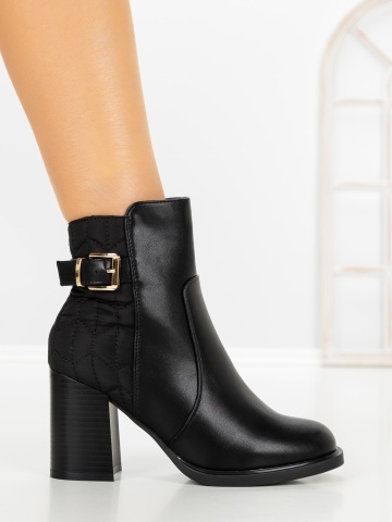 Botine dama cu toc gros negre din piele ecologica si material textil Anowen - Img 5