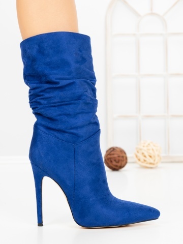 Botine dama cu toc subtire albastre din material textil Mirena - Img 5