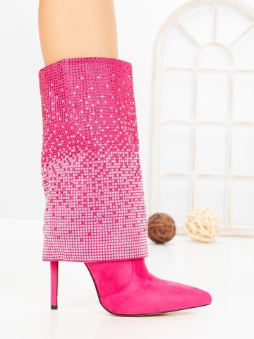 Botine dama cu toc subtire roz din material textil Enalrae - Img 5