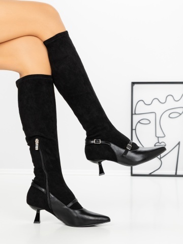 Cizme dama cu toc subtire negre din piele ecologica si material textil Raylin - Img 4