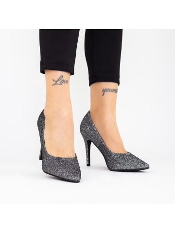 Pantofi cu toc subtire gri metalizat din material textil si sclipici Fraelia - Img 4