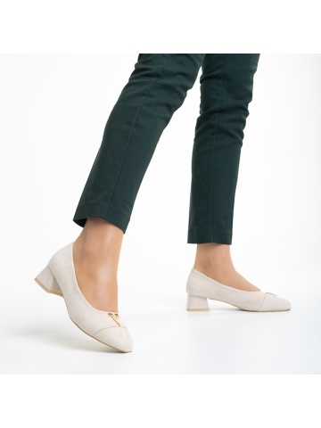 Pantofi dama bej deschis din material textil cu toc Briella - Img 3