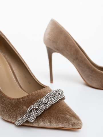 Pantofi dama cu toc bej din material textil Floriana - Img 5