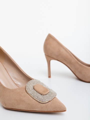 Pantofi dama cu toc bej din material textil Nobelia - Img 5