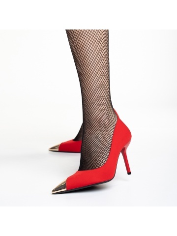 Pantofi dama rosu din material textil cu toc Melany