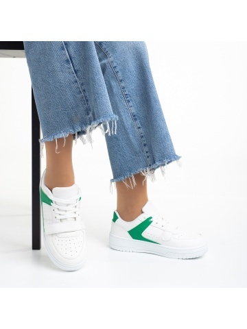 Pantofi sport dama albi cu verde din piele ecologica Sonal