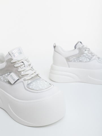 Pantofi sport dama cu platforma albi cu argintiu din piele ecologica Trinka - Img 5