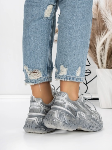Pantofi sport dama cu platforma argintii din material textil si piele ecologica Cutena - Img 2