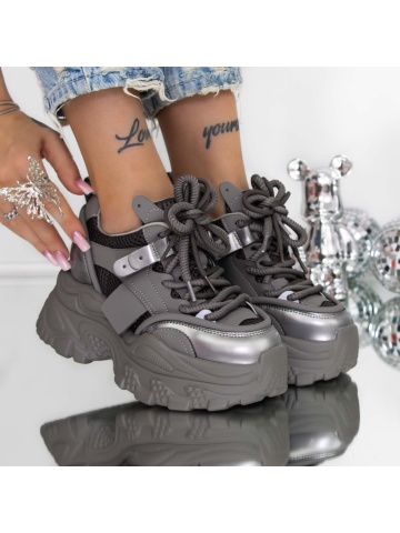 Pantofi sport dama cu platforma gri din material textil si piele ecologica Luxera - Img 5