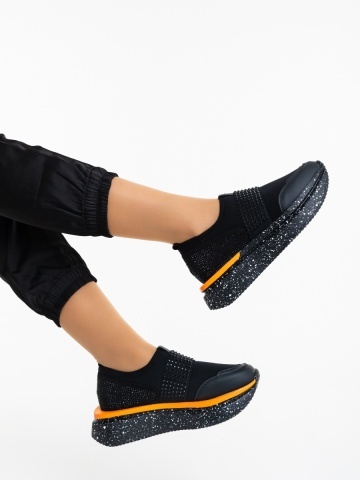 Pantofi sport dama negri cu portocaliu din piele ecologica si material textil Melusia