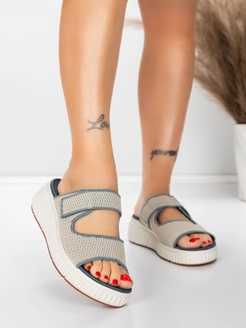 Papuci dama cu platforma albastri din material textil Kaelyn