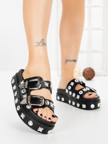 Papuci dama cu platforma negri din piele ecologica Maelis