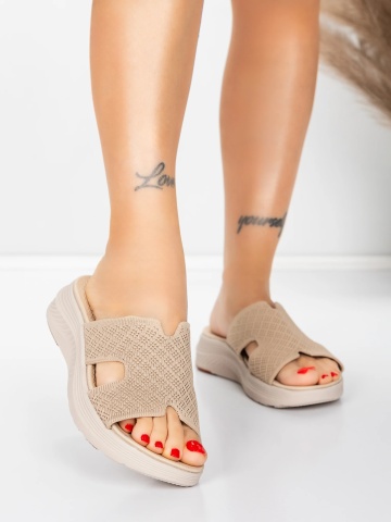 Papuci dama cu talpa joasa bej din material textil Fosena