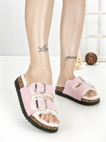 Papuci dama cu talpa joasa roz din material textil Samyra