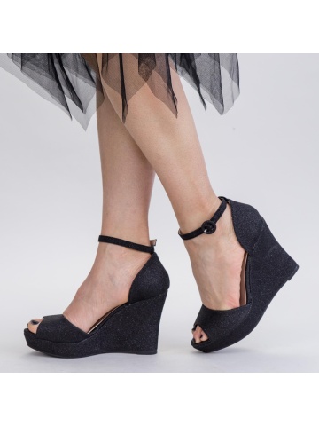 Sandale dama cu platforma negre din piele ecologica si sclipici Autena
