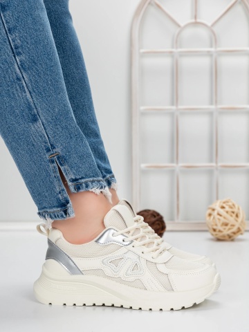 Sneakers dama albi din material textil si piele ecologica Brawria - Img 3