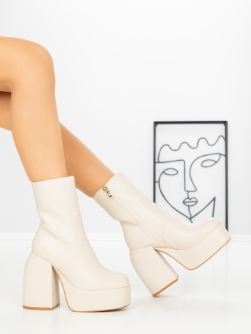 Botine dama cu toc gros si platforma bej din piele ecologica Esaerla - Img 5