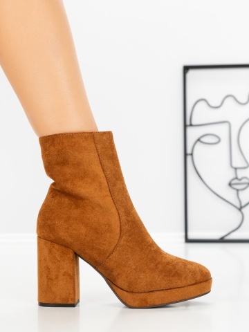 Botine dama cu toc gros si platforma maro deschis din material textil Epaerra - Img 5