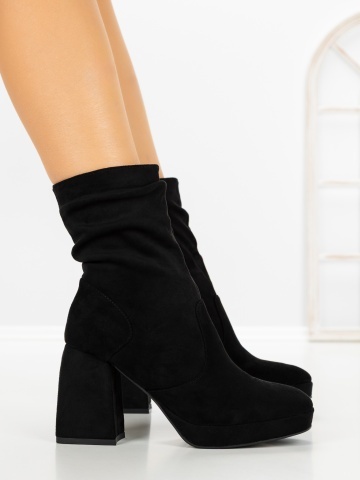 Botine dama cu toc gros si platforma negre din material textil Baisya - Img 3