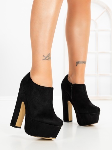 Botine dama cu toc gros si platforma negre din material textil Femrys
