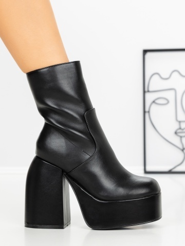 Botine dama cu toc gros si platforma negre din piele ecologica Esaerla - Img 5