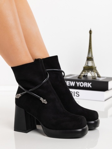 Botine dama cu toc negre din material textil Onyva