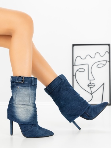 Botine dama cu toc subtire albastre din material textil Enadena - Img 6
