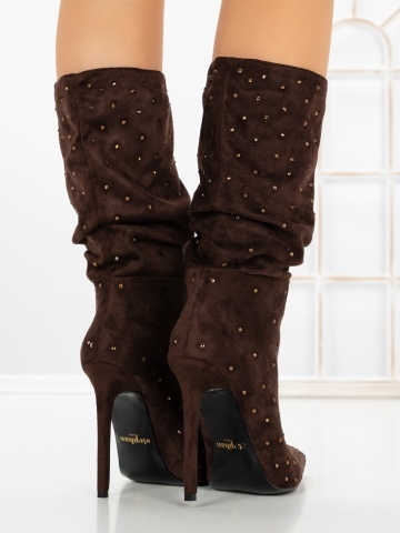 Botine dama cu toc subtire maro din material textil Eladira - Img 2