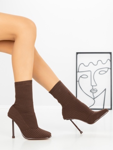 Botine dama cu toc subtire maro din material textil Evanria - Img 5