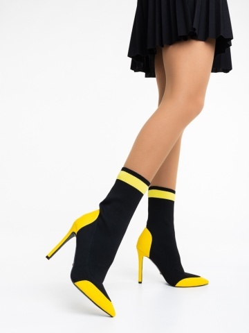 Botine dama negre cu galben din material textil Joline