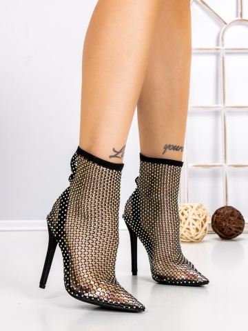 Botine de vara cu toc subtire negre din material textil Mirelisse - Img 4