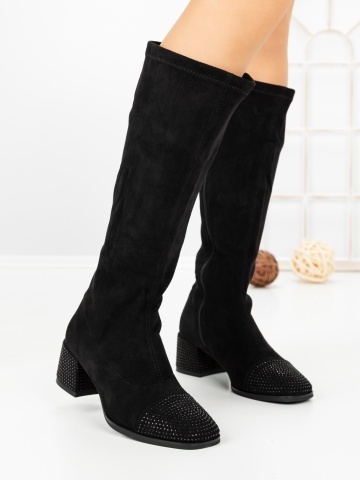 Cizme dama cu toc gros negre din material textil Bralira