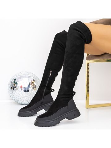 Cizme dama cu toc negre din material textil Olona