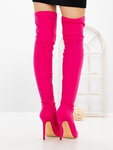 Cizme dama cu toc subtire roz din material textil Dracria - Img 2