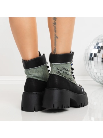 Ghete dama cu platforma negre din material textil si piele ecologica Aloira - Img 2