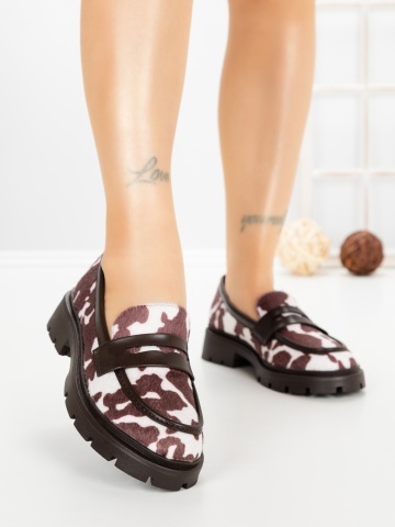 Pantofi casual dama albi cu maro deschis din material textil si piele ecologica Elsora