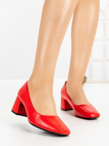 Pantofi cu toc gros rosii din piele ecologica Cemora