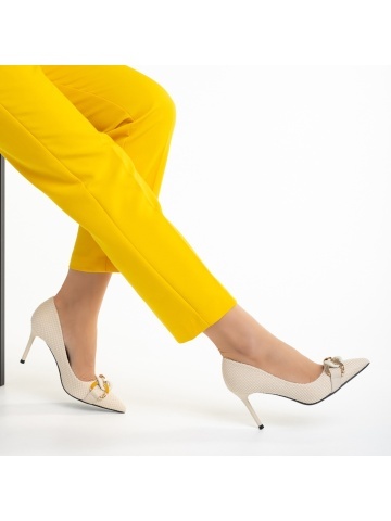 Pantofi dama bej din material textil cu toc Rosette