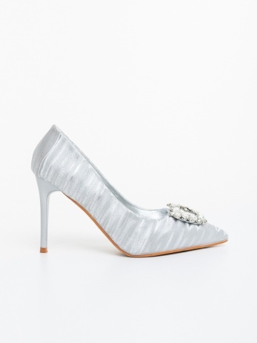 Pantofi dama cu toc argintii din material textil Severa - Img 4