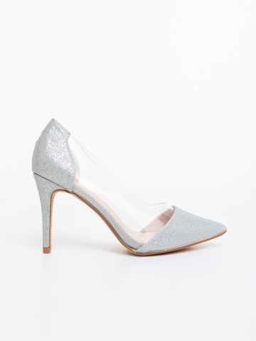 Pantofi dama cu toc argintii din material textil Veloria - Img 4