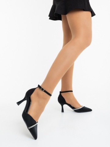 Pantofi dama cu toc negri din material textil Garama