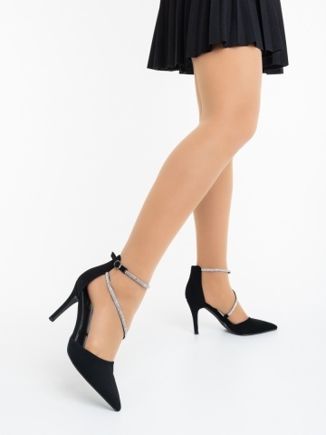 Pantofi dama cu toc negri din material textil Velana