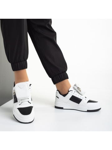 Pantofi sport dama albi cu negru din piele ecologica Inola