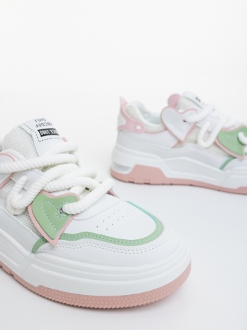 Pantofi sport dama albi cu roz din piele ecologica si material textil Lalona - Img 5
