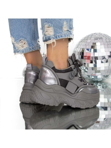 Pantofi sport dama cu platforma gri din material textil si piele ecologica Luxera - Img 2