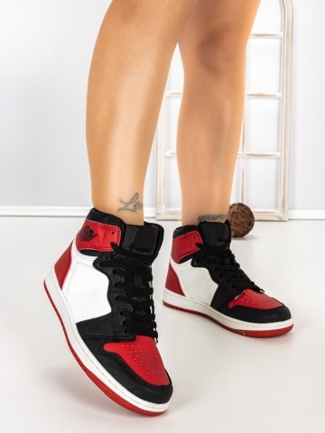 Pantofi sport dama negri cu rosu si alb din piele ecologica si material textil Rosenia