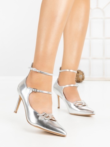Pantofi stiletto argintii din piele ecologica Bezren