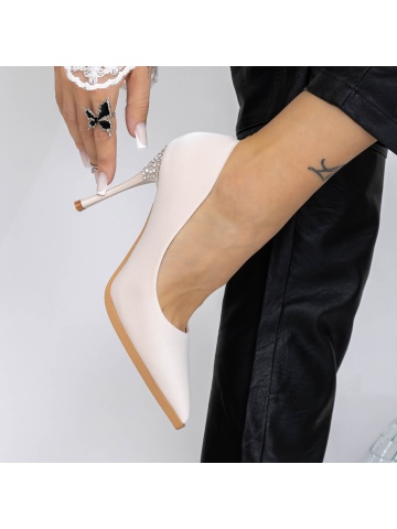 Pantofi stiletto bej din material textil Vidoya - Img 4