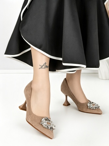 Pantofi stiletto bej inchis din material textil Velenzae