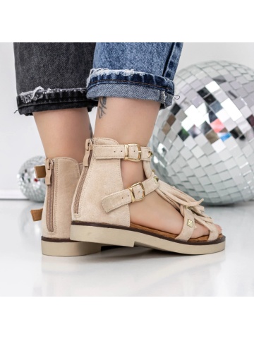 Sandale dama cu talpa joasa bej din material textil Duesya - Img 4